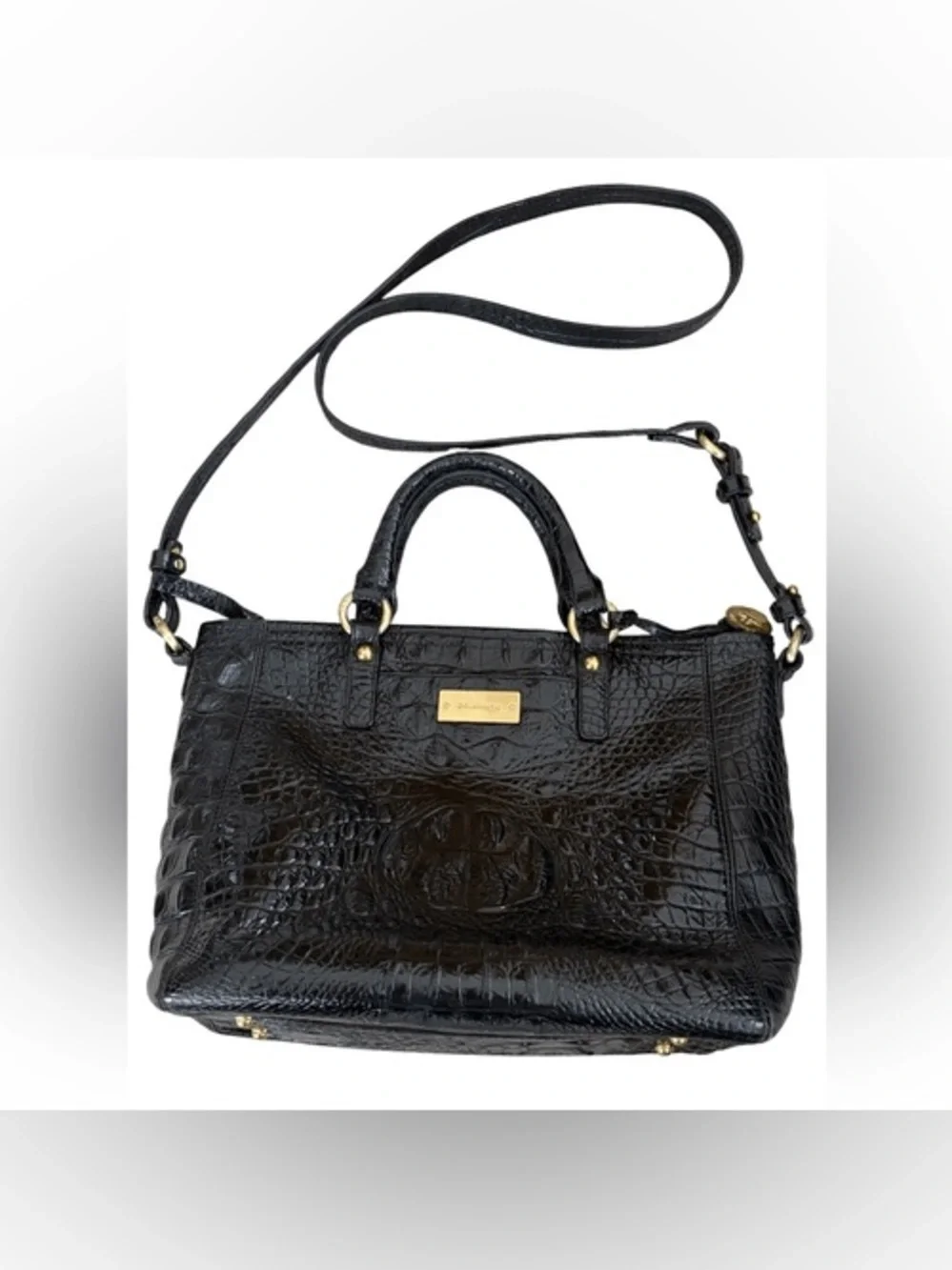 Brahmin Black Croc-Embossed Satchel with Gold Hardware L69-1008